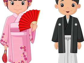 卡通日本夫妇穿着传统服饰