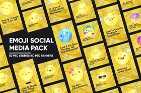 50个黄色时尚流行表情符号社交媒体内容营销PSD分层素材包Emoji Social Media Pack