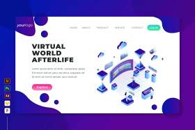 虚拟未来世界-2.5D等距插画登录页界面设计素材Virtual World Afterlife - Isometric Landing Page