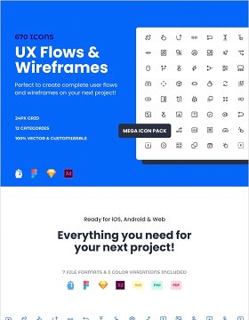 670个UX流和线框图标素描，FIGMA和Adobe XD，UX流和线框兆丰图标包 UX Flows &