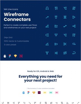 144个线框图标包 FIGMA和Adobe XD，Wireframe Connectors Icon Pack 144 Line icons