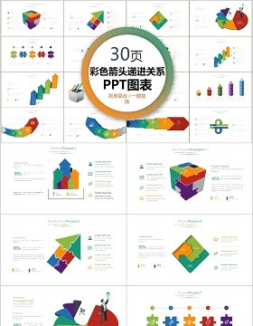 30页彩色箭头递进关系ppt图表