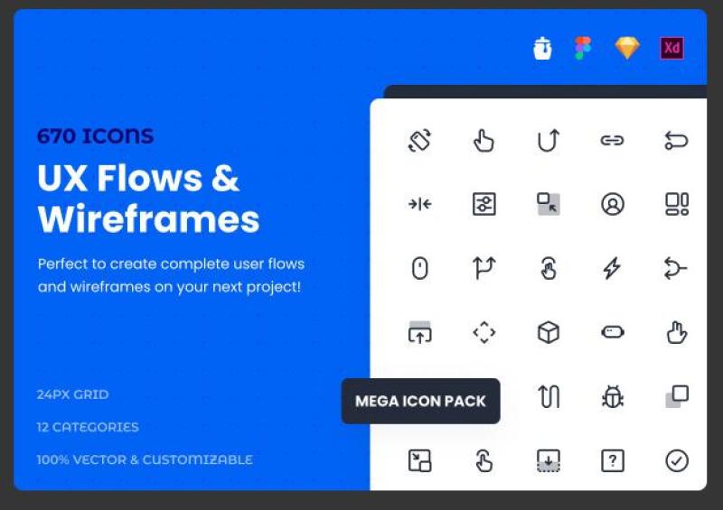 UX流和线框超大图标包UX Flows＆Wireframes Mega Icon Pack