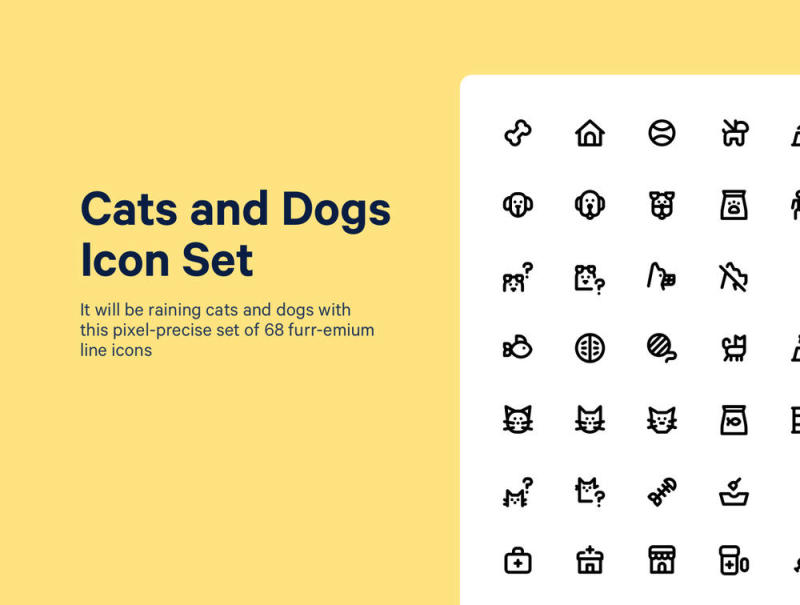 一套68只狗和猫相关的图标，用爱制作。猫和狗图标集