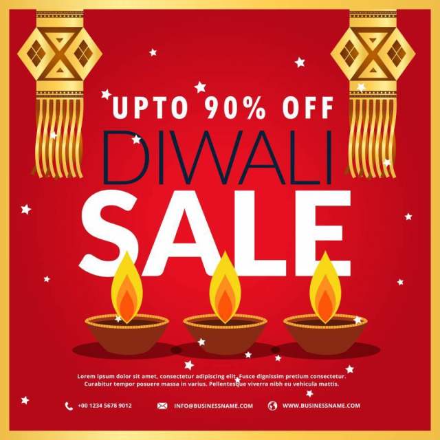 与三个diya和挂灯的diwali节日销售海报 与三个diya和挂灯的diwali节日销售海报
