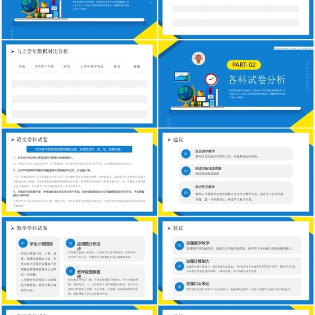 蓝色卡通风成绩质量分析报告PPT模板