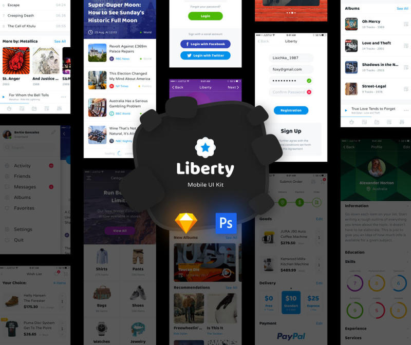 在Sketch＆Photoshop，Liberty Mobile UI工具包中创建时尚的移动应用程序的完美选择