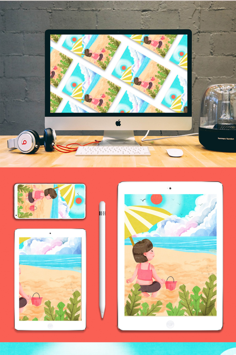 清新可爱暑假女孩海边玩耍插画