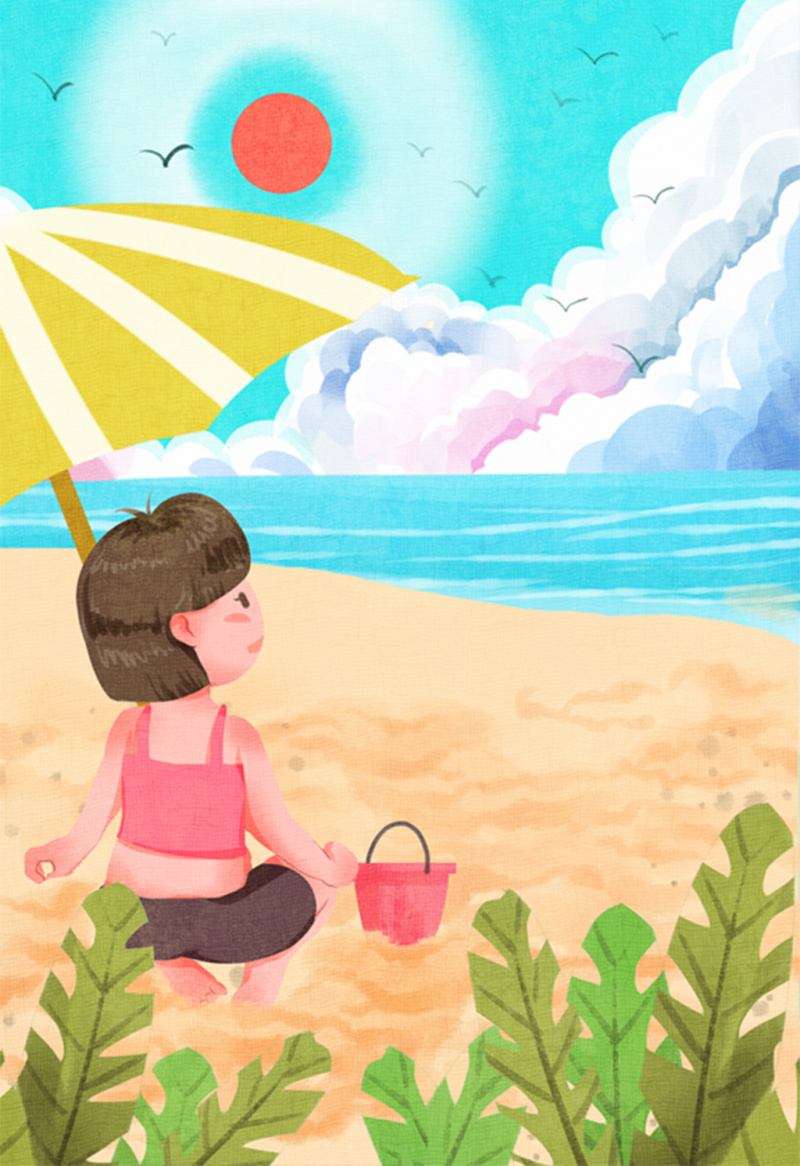 清新可爱暑假女孩海边玩耍插画