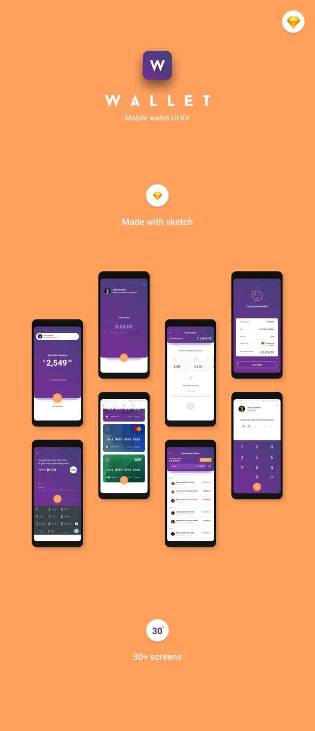 适用于Sketch。,钱包移动UI套件的超过30个屏幕的移动钱包UI工具包 适用于Sketch。,钱包移动UI套件的超过30个屏幕的移动钱包UI工具包