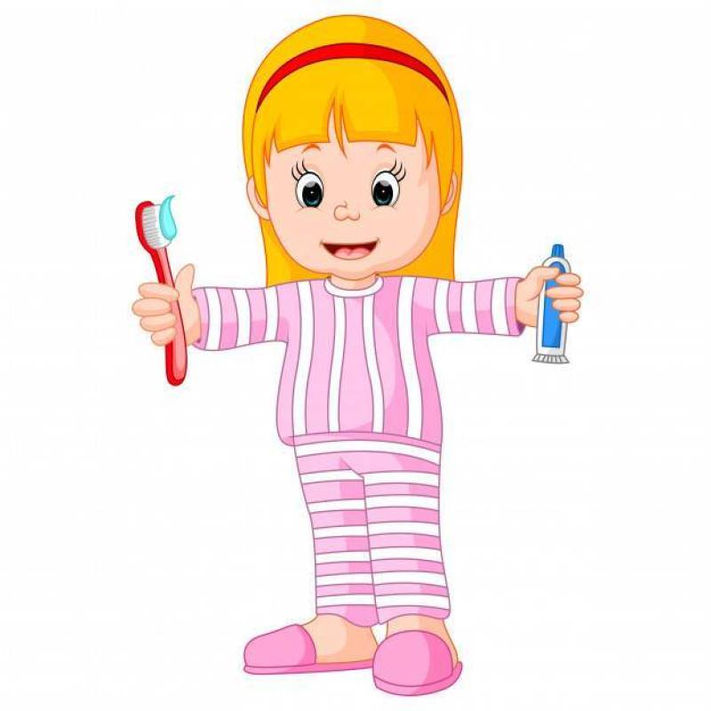 卡通一个刷牙她的牙齿的年轻女孩