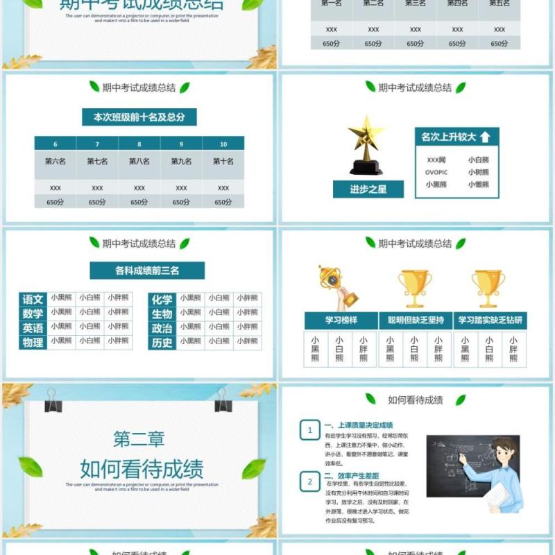 小清新家校合作齐抓共管初二上学期期中考试家长会教育培训课件PPT模板