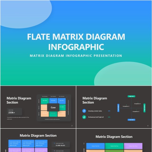 深色平面矩阵图信息图PPT模板素材Flate Matrix Diagram Infographic Dark