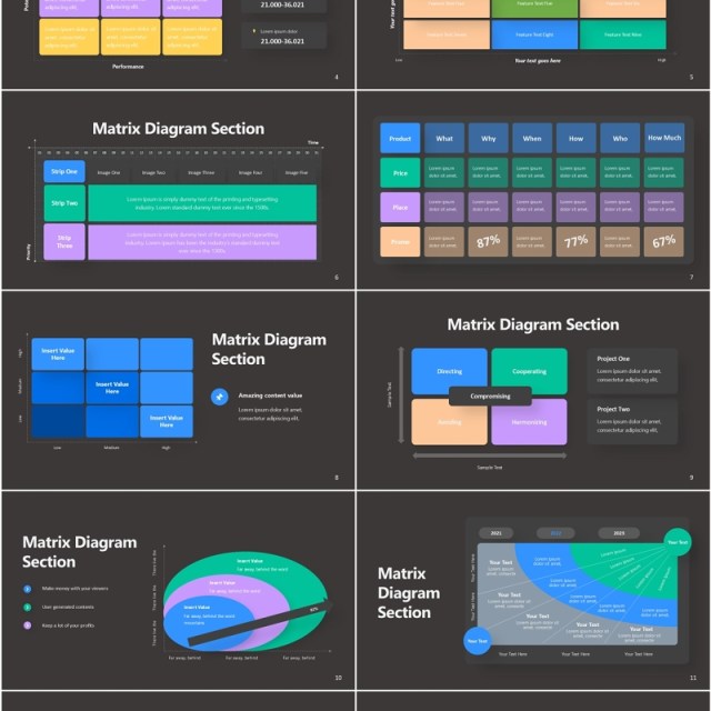 深色平面矩阵图信息图PPT模板素材Flate Matrix Diagram Infographic Dark