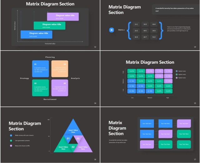 深色平面矩阵图信息图PPT模板素材Flate Matrix Diagram Infographic Dark