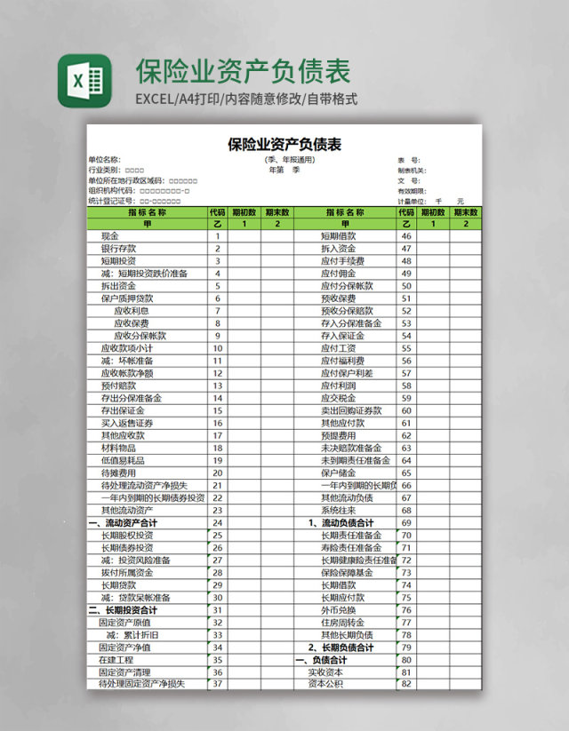 保险业资产负债表excel表格模板 保险业资产负债表excel表格模板