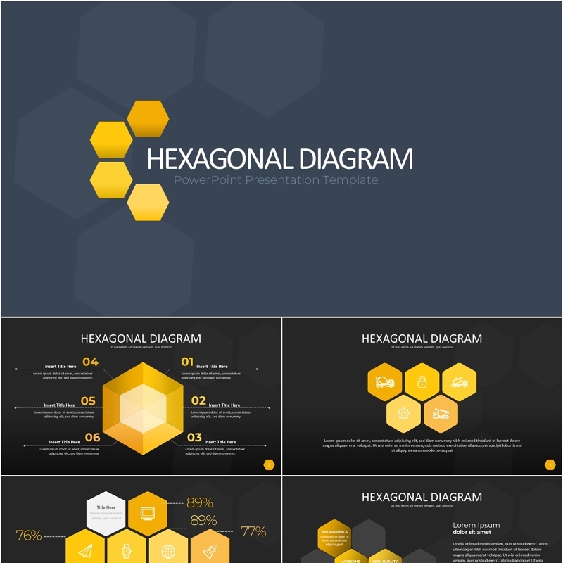 黄色六边形信息图PPT模板素材Wide Yellow Dark Hexagonal Infographic