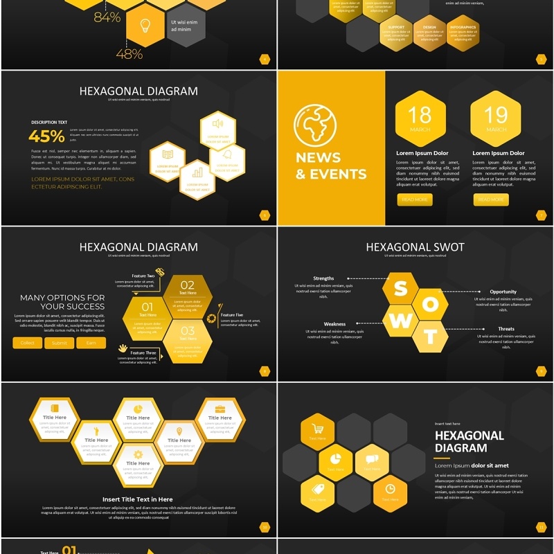 黄色六边形信息图PPT模板素材Wide Yellow Dark Hexagonal Infographic