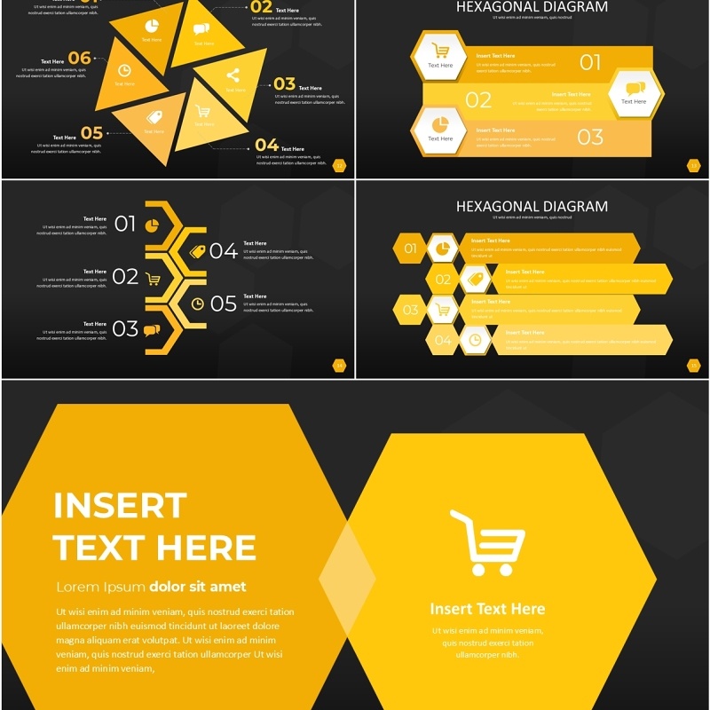 黄色六边形信息图PPT模板素材Wide Yellow Dark Hexagonal Infographic