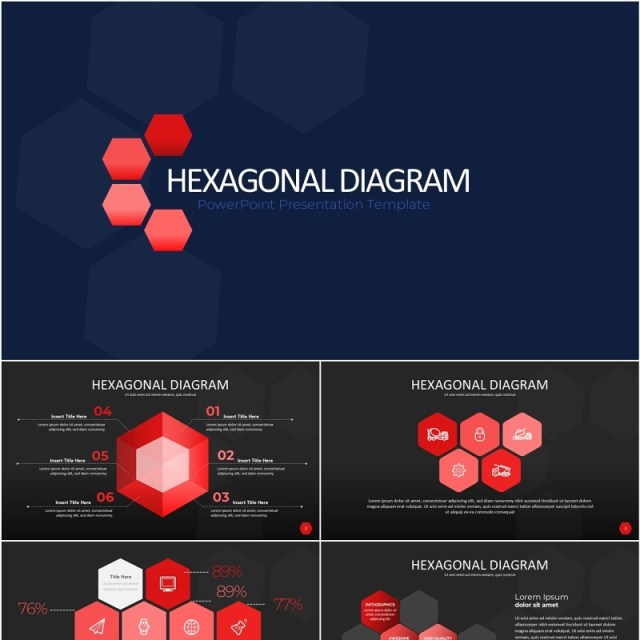 红色六边形信息图PPT模板素材Wide Red Dark Hexagonal Infographic