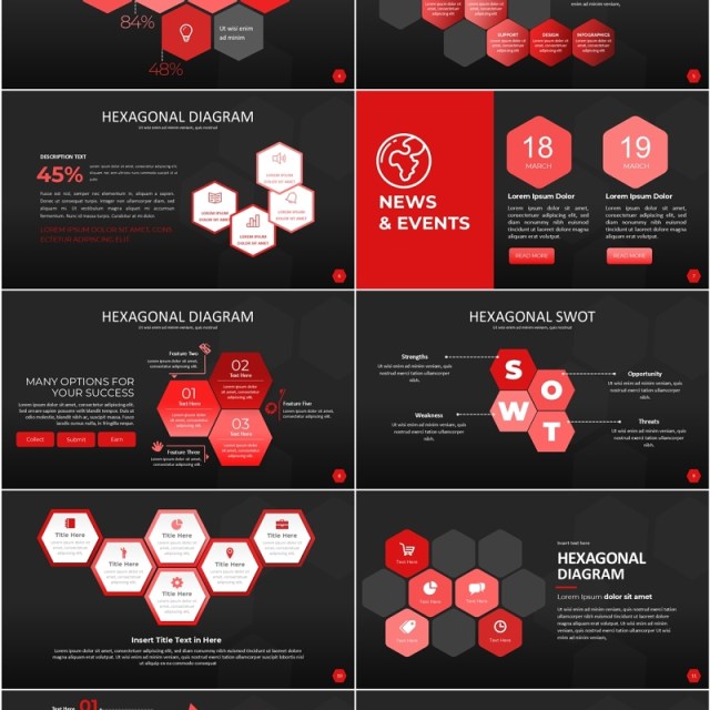 红色六边形信息图PPT模板素材Wide Red Dark Hexagonal Infographic