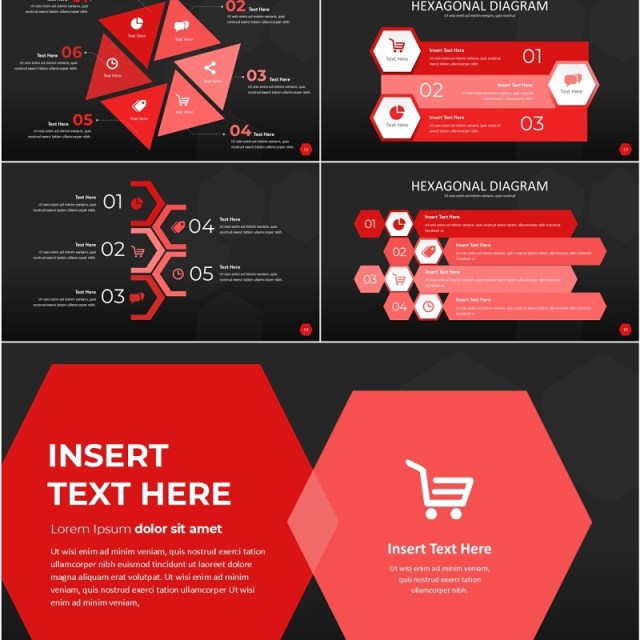 红色六边形信息图PPT模板素材Wide Red Dark Hexagonal Infographic