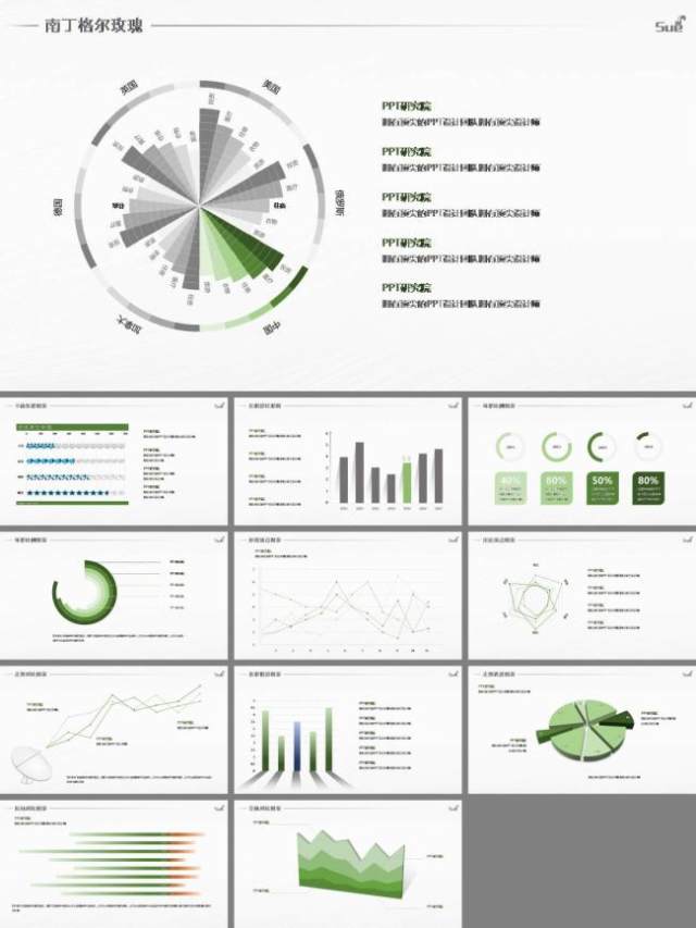 灰绿配色放射扩散型图表PPT模板