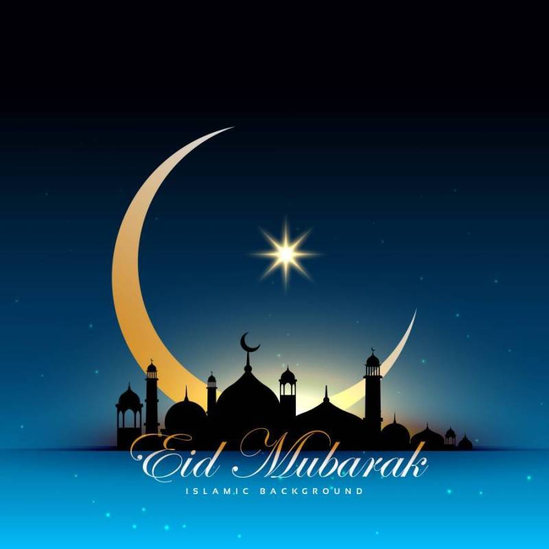 清真寺剪影在金色的新月形月亮和星星的夜空中
