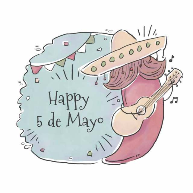 可爱的墨西哥胡椒字符与胡子和墨西哥帽子弹吉他Cinco德梅奥日
