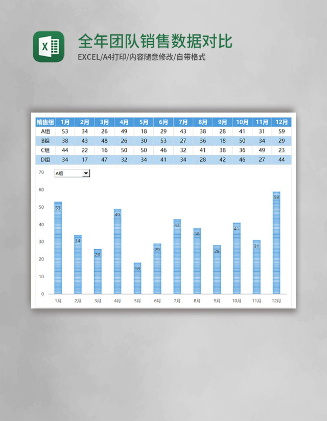 蓝色全年团队销售数据对比图Excel模板 蓝色全年团队销售数据对比图Excel模板