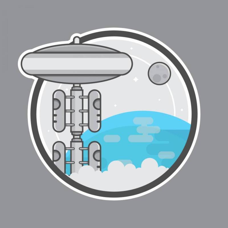 空间电梯标志插画与地球，行星和明星。