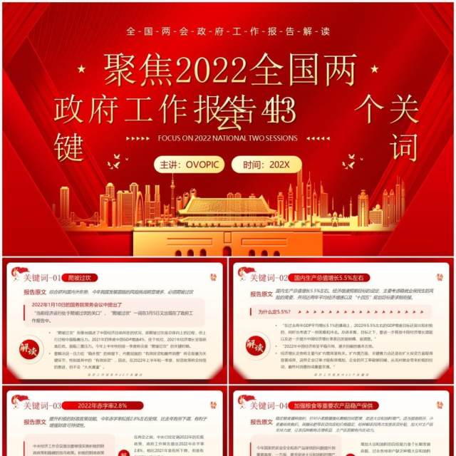红色党政风政府工作报告中四十三个关键词PPT模板