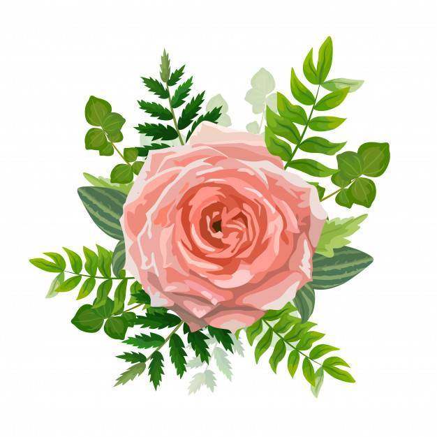 婚礼邀请卡。可爱的模板。与玫瑰色花，森林绿叶的卡片