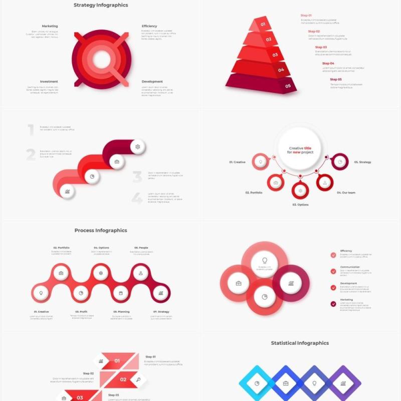 红色浅色系商务产品信息图表流程步骤关系图PPT素材Infographic Red