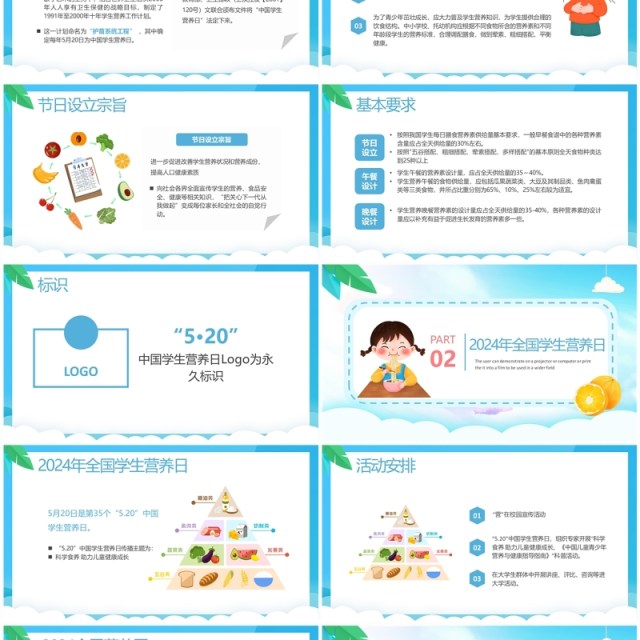 蓝色卡通风全国学生营养日PPT模板