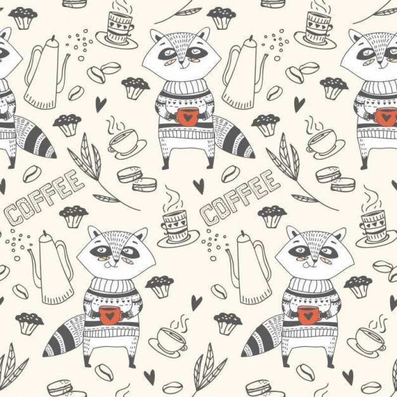 SEAMLESS PATTERN OF CUTE DOODLE RACCOON WITH COFFEE