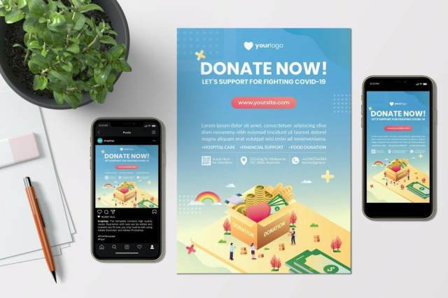 图片分享社交应用创意单页APP界面插画设计素材Donation Now - Creative Flyer & Instagram Template