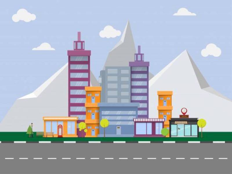 Vector urban landscape with large modern buildings