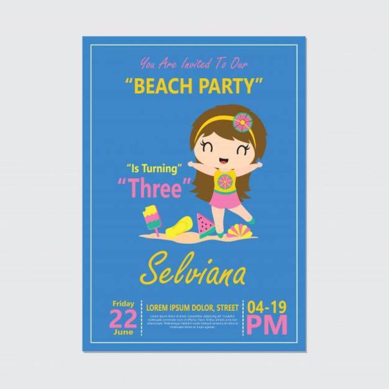 可爱的女孩在海滩派对生日贺卡