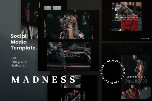 黑色社交媒体营销模板PSD界面设计素材Madness - Instagram Social Media + Stories 黑色社交媒体营销模板PSD界面设计素材Madness - Instagram Social Media + Stories