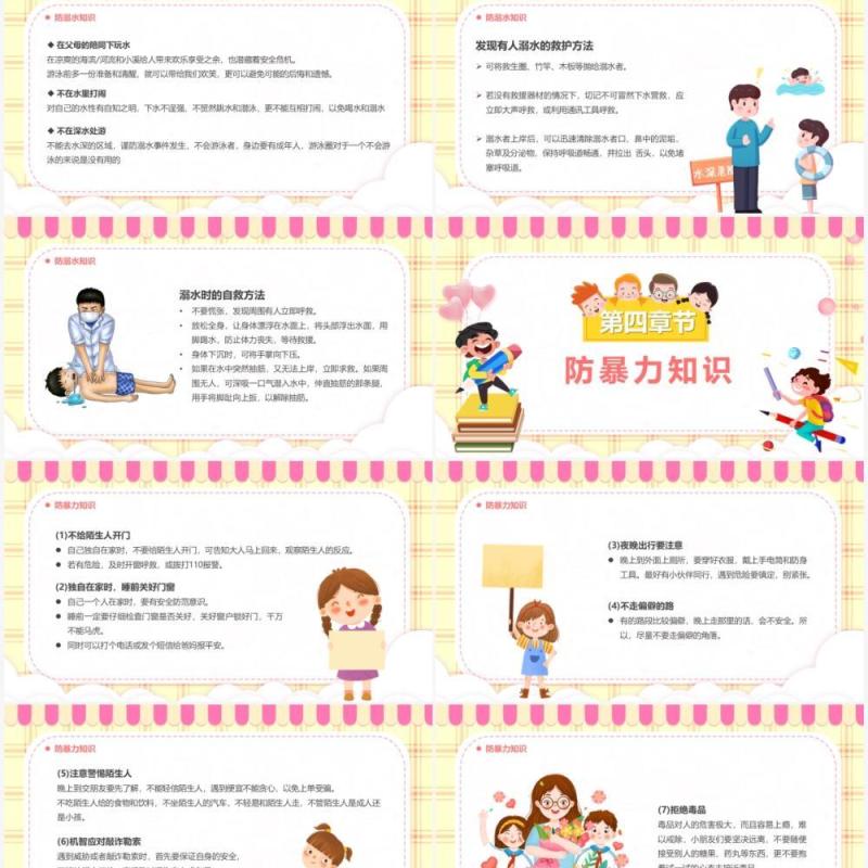 黄色卡通儿童安全教育日宣传PPT模板