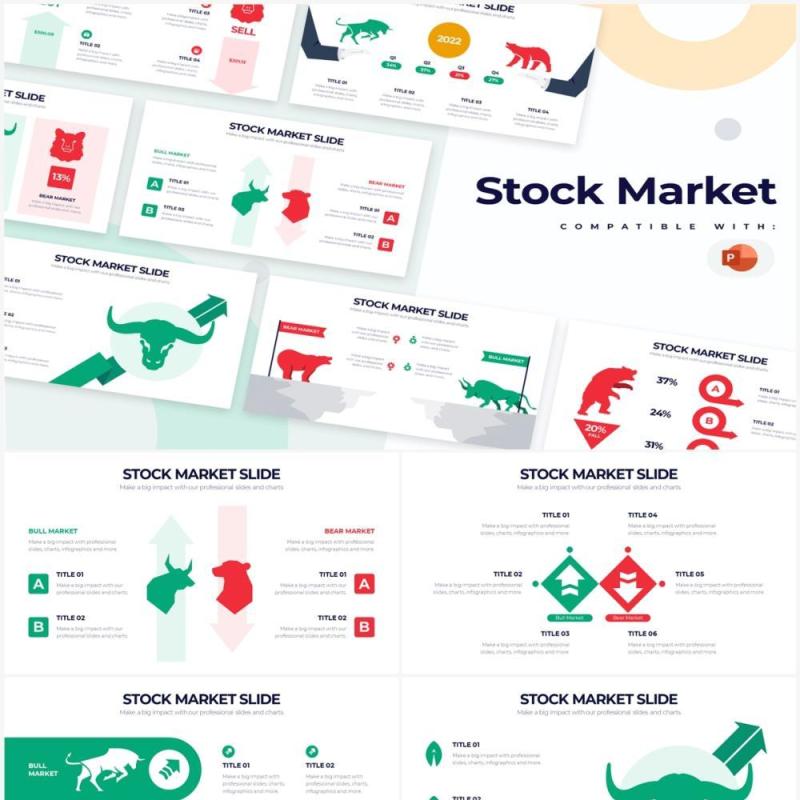 绿色红色股票市场牛市牛头PPT插画图表素材Stock Market Powerpoint Infographics