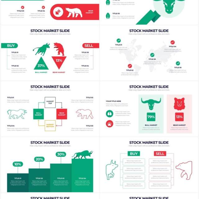 绿色红色股票市场牛市牛头PPT插画图表素材Stock Market Powerpoint Infographics