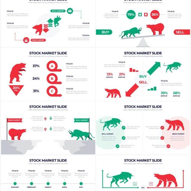 绿色红色股票市场牛市牛头PPT插画图表素材Stock Market Powerpoint Infographics