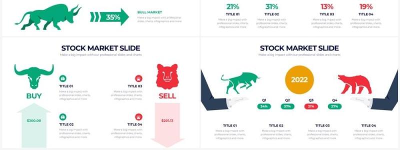 绿色红色股票市场牛市牛头PPT插画图表素材Stock Market Powerpoint Infographics