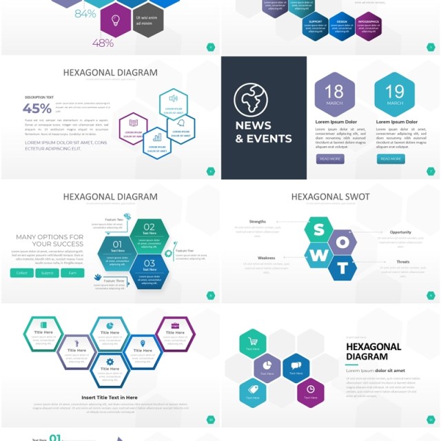 六边形信息图PPT模板素材Wide Light Hexagonal Infographic