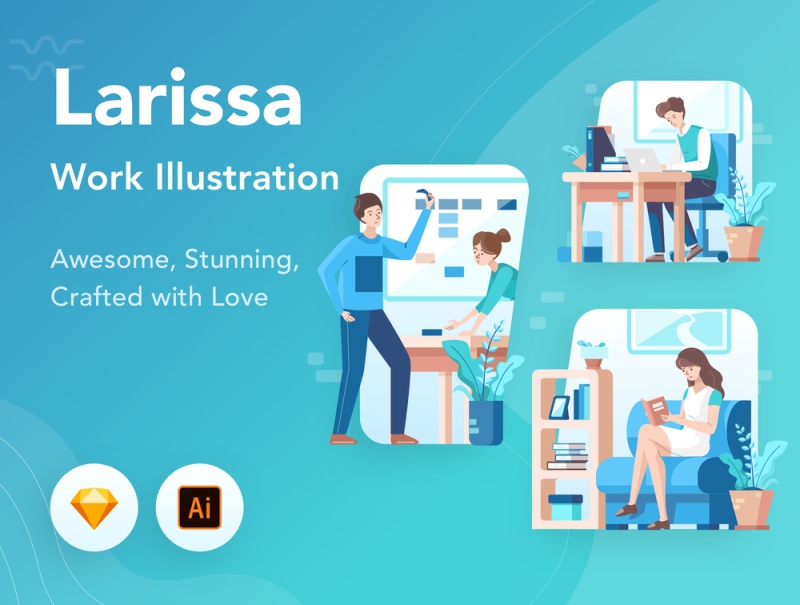 启动插图包包含10个插图，这些插图具有解释工作活动的独特场景。，Larissa：工作图