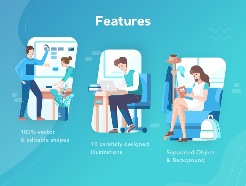 启动插图包包含10个插图，这些插图具有解释工作活动的独特场景。，Larissa：工作图