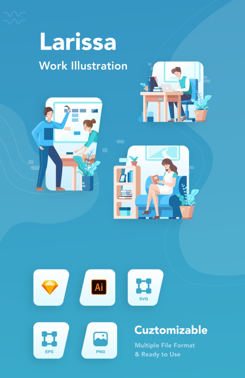 启动插图包包含10个插图，这些插图具有解释工作活动的独特场景。，Larissa：工作图