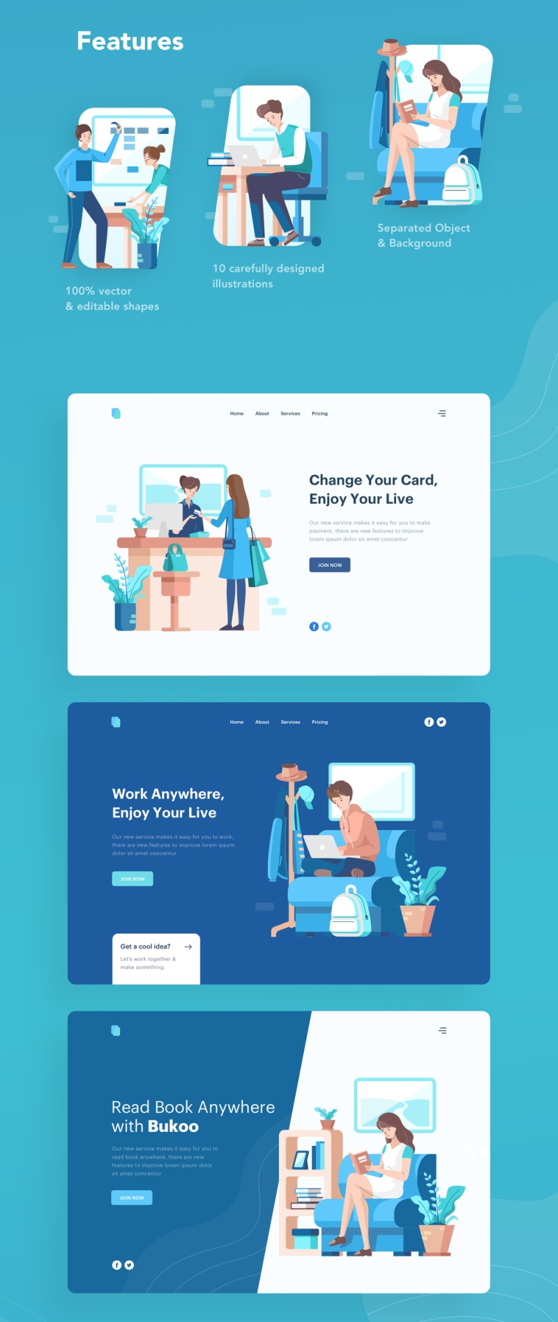 启动插图包包含10个插图，这些插图具有解释工作活动的独特场景。，Larissa：工作图